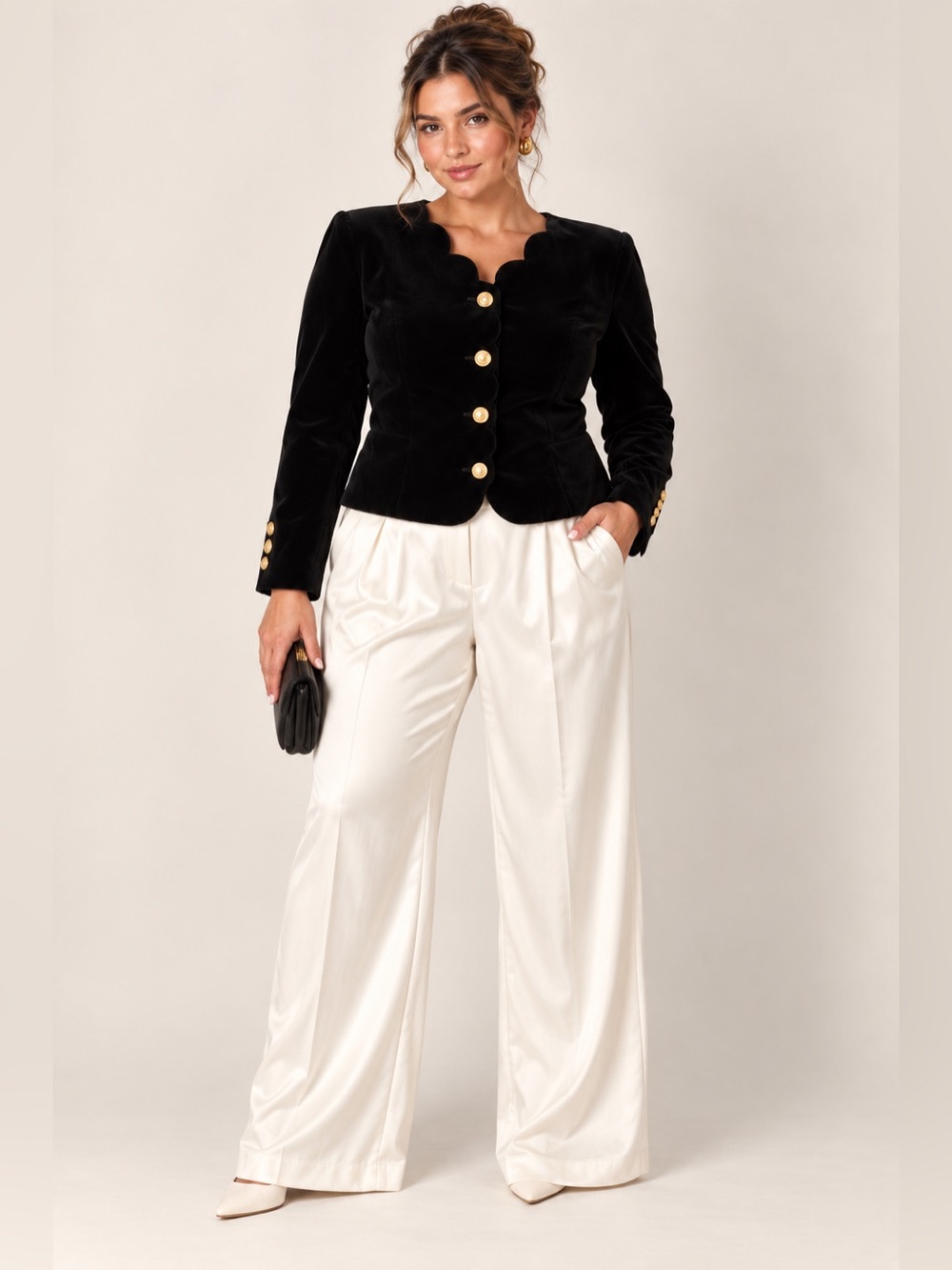 English Factory Black Velvet Scalloped Cropped Blazer with Gold Buttons